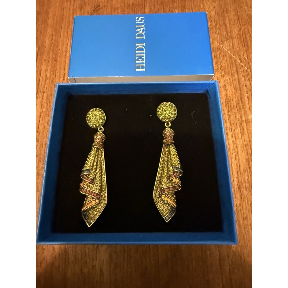 Heidi Daus Vintage Crystal Ribbon Drop Earrings Art Deco Multicolor NOS